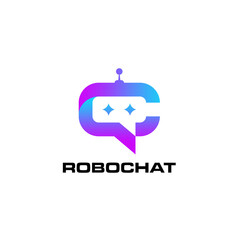 Robochat logo design with modern gradient chat bubble and robot head, futuristic AI chatbot icon, digital assistant branding symbol in blue and purple vector style