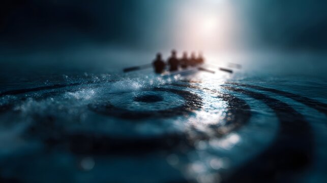 A silhouetted team rows a boat towards a bright light and a symbolic target on the water