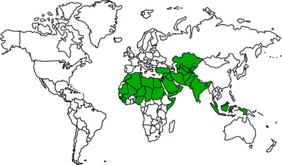 Detailed vector map of the World highlighting countries where Islam is the largest religion by population, spanning three continents.

