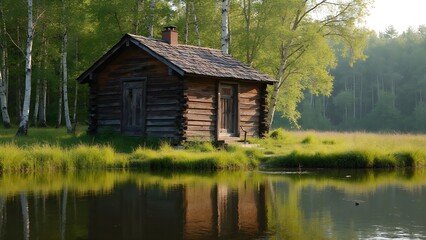 Old wooden sauna cabin by the forest pond
