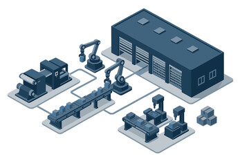 Isometric automated manufacturing facility with robotic assembly, conveyor systems, and production equipment