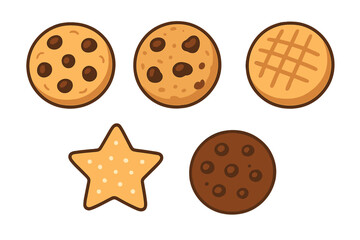 Collection of various sweet baked cookies including chocolate chip, star-shaped, and patterned biscuits for dessert