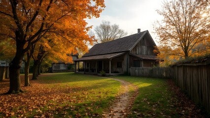Traditional wooden farmhouse with autumn trees