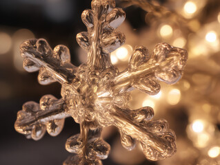 Fototapeta premium Sparkling snowflake ornament glowing softly in warm festive light creating cozy and magical winter holiday atmosphere