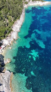 Drone pictures of the stunning beaches of Ithaka and Kefalonia on the Greek Ionian Islands in the blue Mediterranean sea 