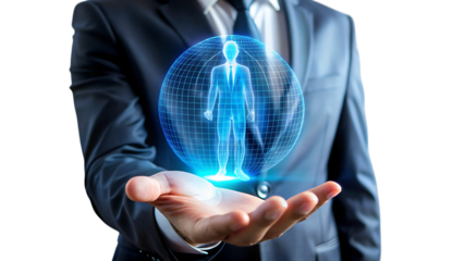 Businessman holding digital human figure isolated on transparent background, technology