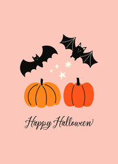 Happy Halloween vector quote. Pumpkins and cute bats on a pink background.