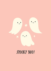 Spooky boo Halloween vector quote. Three cute ghosts on a pink background. Happy Halloween illustration.