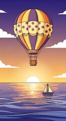 Hot Air Balloon Sunset Seascape.