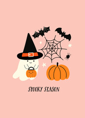 Spooky season Halloween vector quote. Cute ghost, spider web, pumpkin and bats on pink background. Happy Halloween illustration.