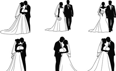 Wedding couple silhouette, romantic pose, bride and groom, kiss, embrace, love, ceremony, vector art, black and white, illustration