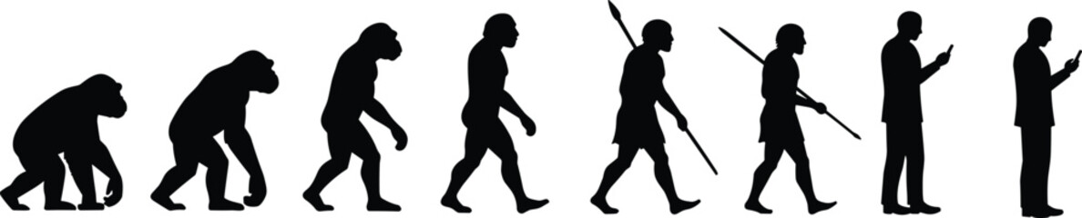 Obraz premium Human evolution silhouette sequence from ape to modern man using smartphone — black vector illustration for science, education, tech, and design projects