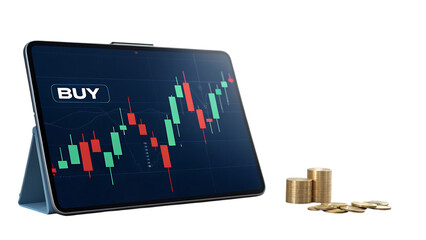 Tablet displaying stock market chart with buy signal isolated on transparent background