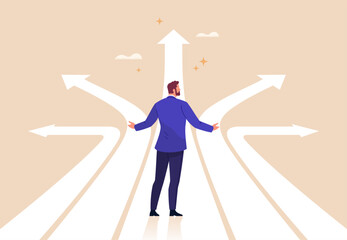 Business Decision Path Concept. Vector cartoon illustration of a businessman standing at a crossroads with multiple arrows, considering different directions and choosing the best way toward success.