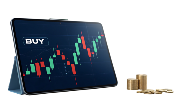 Tablet displaying stock market chart with buy signal isolated on transparent background