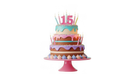 A threetiered birthday cake decorated with colorful frosting and lit candles, featuring the number 15, isolated on transparent background