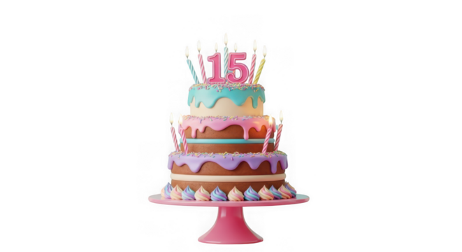 A threetiered birthday cake decorated with colorful frosting and lit candles, featuring the number 15, isolated on transparent background