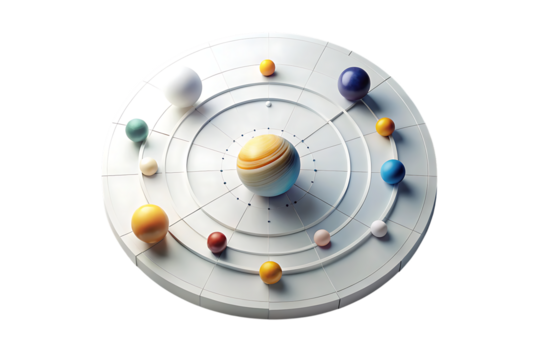 Solar system model isolated on transparent background showing planets and orbits