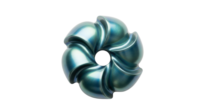 Isolated glossy abstract turquoise flower shape, iridescent texture, sculptural form