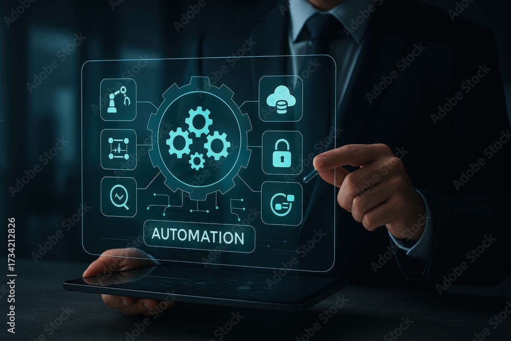 Wall mural professional in formal attire interacting with a transparent digital interface that displays automat