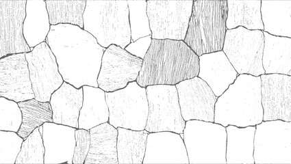 black and white sketch of a rough stone wall with irregular shapes and varied textures.