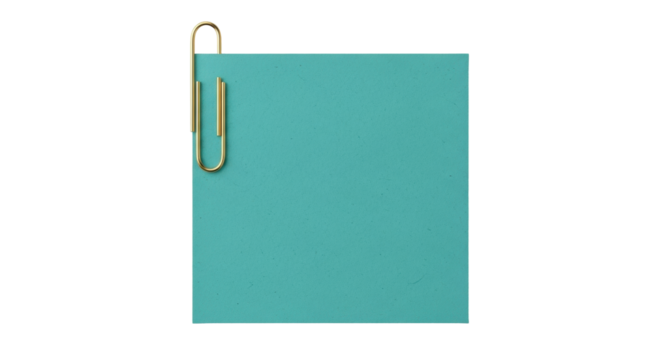 Isolated turquoise note card with gold paperclip, office or school supply flat lay