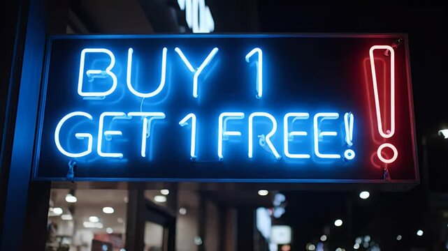 Buy One Get One Free Neon Sign - Retail Promotion at Night