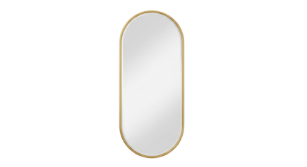 Isolated oblong shaped mirror with gold metal frame for stylish wall decor at home or business