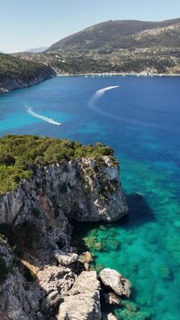 Drone pictures of the stunning beaches of Ithaka and Kefalonia on the Greek Ionian Islands in the blue Mediterranean sea 