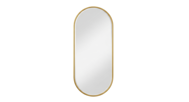Isolated oblong shaped mirror with gold metal frame for stylish wall decor at home or business