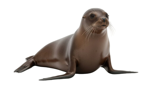 Isolated sea lion rests on its belly looking upwards in close up view in studio shot