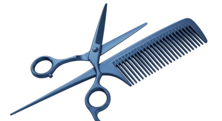 Isolated comb and scissors, professional hairdressing accessories for hairstyling, blue color