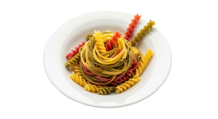 Isolated colorful fusilli pasta on a plate, a vibrant and delicious culinary concept ready to serve