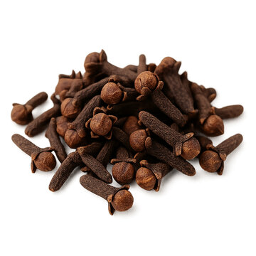 Whole cloves pile &ndash; warm brown laung buds, textured macro on white
