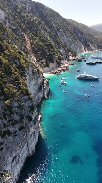 Drone pictures of the stunning beaches of Ithaka and Kefalonia on the Greek Ionian Islands in the blue Mediterranean sea 