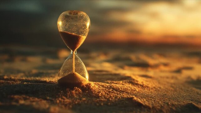 Hourglass on sandy beach at sunset, symbolizing time passing with serene ocean backdrop