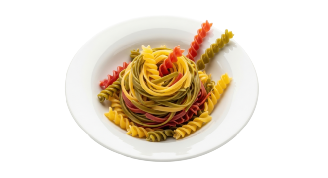 Isolated colorful fusilli pasta on a plate, a vibrant and delicious culinary concept ready to serve