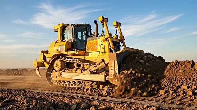 A powerful yellow bulldozer is actively engaged in pushing a large mound of dirt and rocks on a construction site under a clear blue sky.
