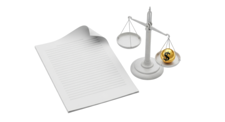 Isolated balance showing document versus money value, concept for finance, business law, contracts