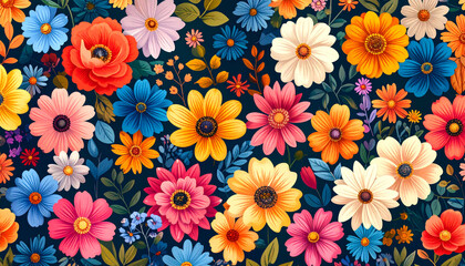 Vibrant floral seamless pattern displaying diverse flowers with rich colors in autumn color palette design

