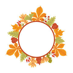 Round frame with autumn leaves and berries