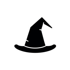 Black Silhouette of a Classic Witch Hat with a Curved Brim.