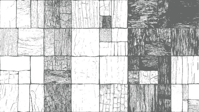 monochrome illustration of various textured patterns resembling wood grain and cracked stone blocks.