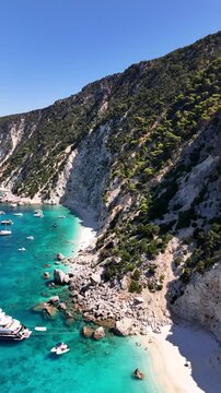 Drone pictures of the stunning beaches of Ithaka and Kefalonia on the Greek Ionian Islands in the blue Mediterranean sea 