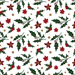 Seamless realistic drawings. Christmas plants, berries on a wallpaper background. For packaging.