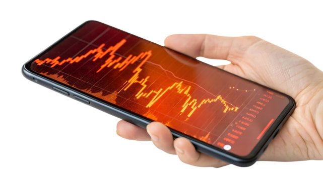 Hand holding smartphone with stock market graph isolated on transparent background