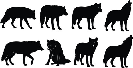Wolf silhouettes, wild animal poses, howling wolves, walking wolves, sitting wolf, snarling wolf, nature illustration, vector art, black shapes, wildlife