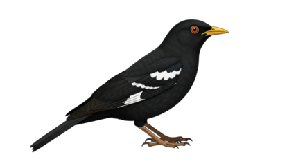 Isolated Great Myna bird, black plumage, yellow beak and brown legs; Asian bird species