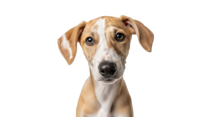 Isolated dog with light brown fur and floppy ears against a neutral backdrop image.