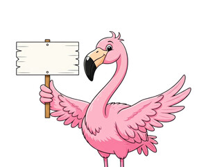 Fototapeta premium Cartoon Pink Flamingo Holding Blank Sign Funny Tropical Bird Illustration Design